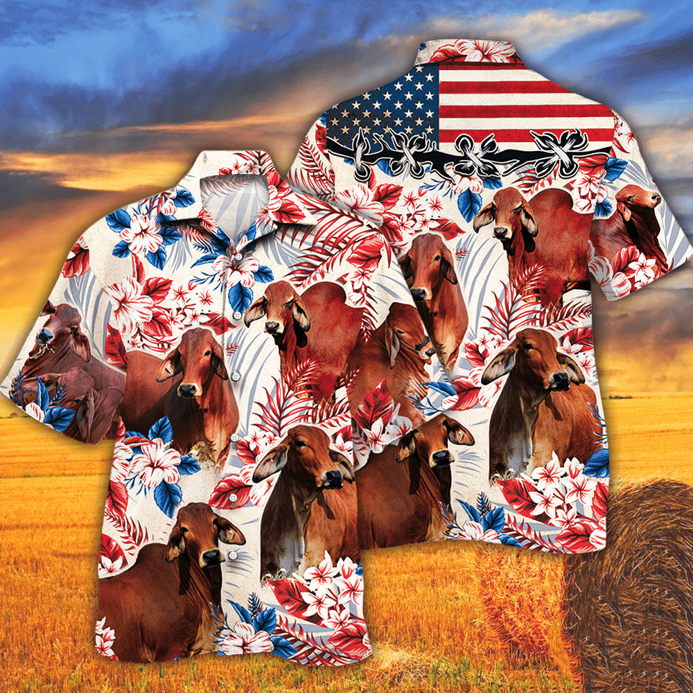 Red Brahman Cattle American Flag Hawaiian Shirt