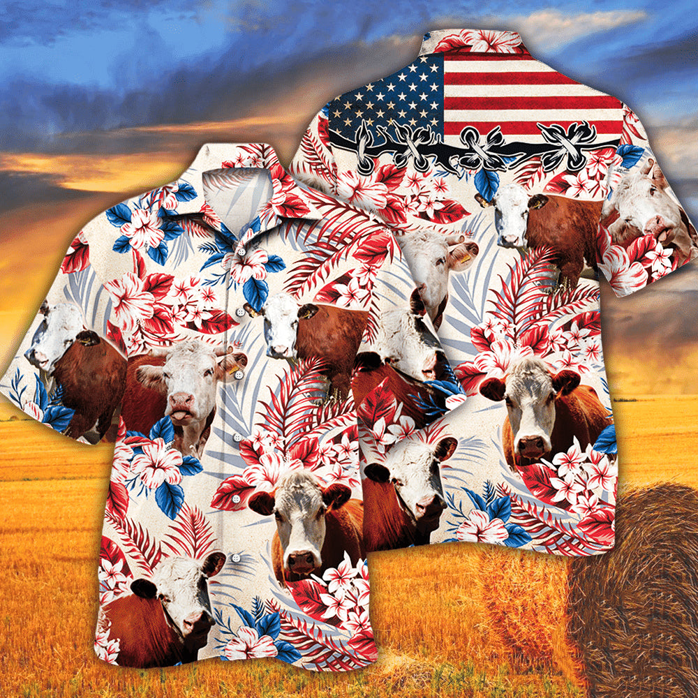 Hereford In American Flag Patterns Hawaiian Shirt