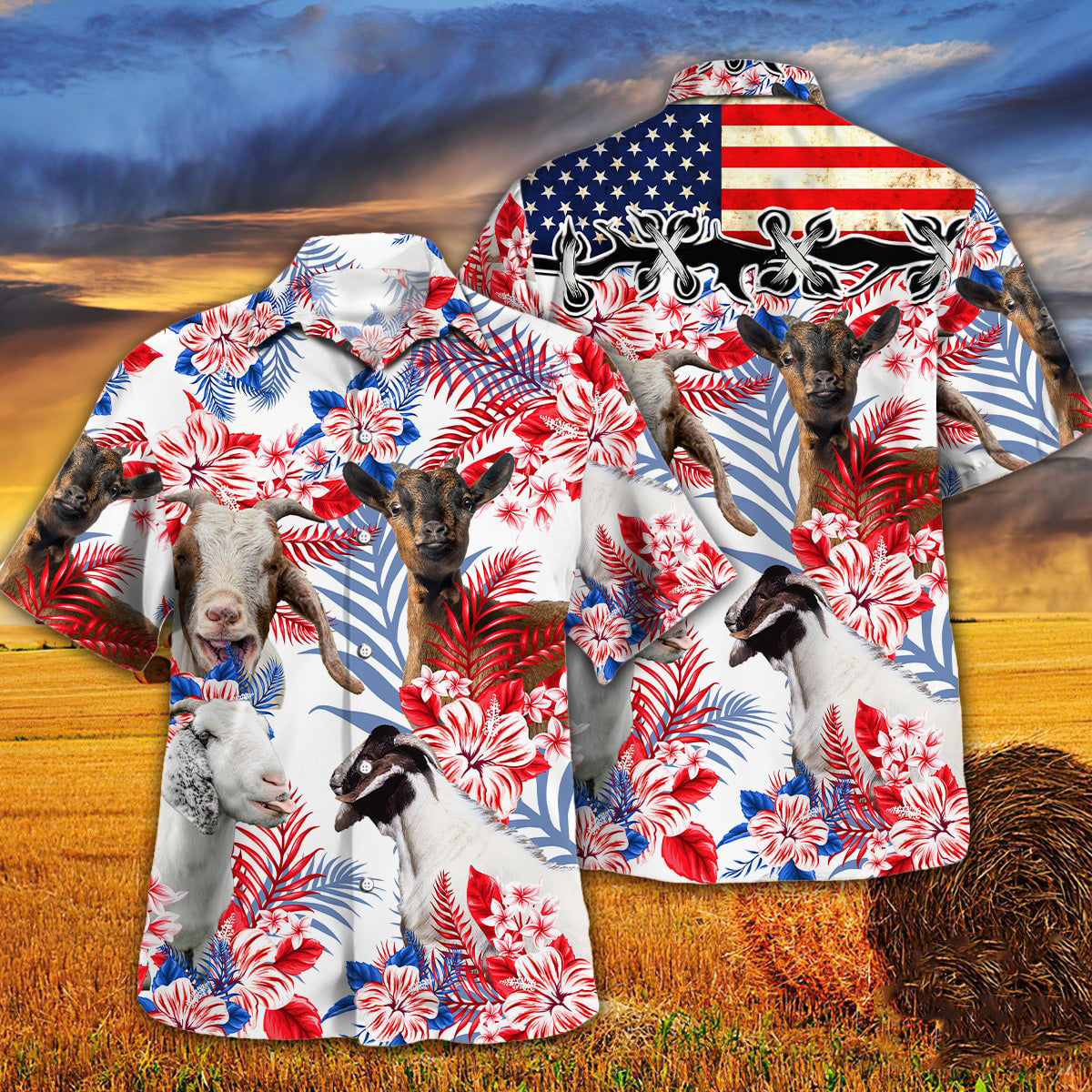 Goat In American Flag Patterns Hawaiian Shirt