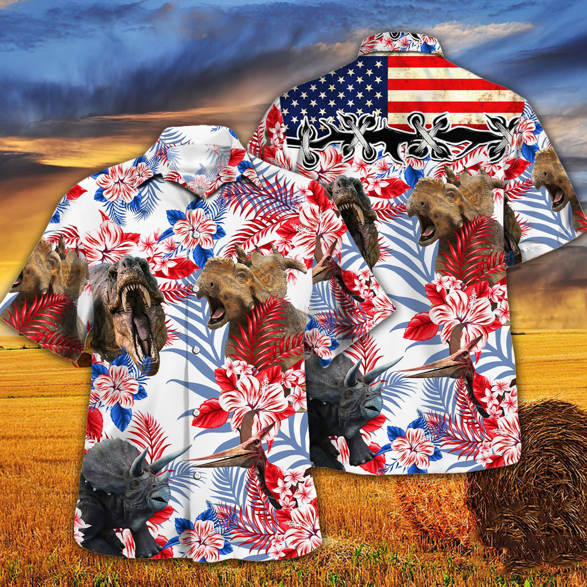 Dinosaur American Flag Hawaiian Shirt