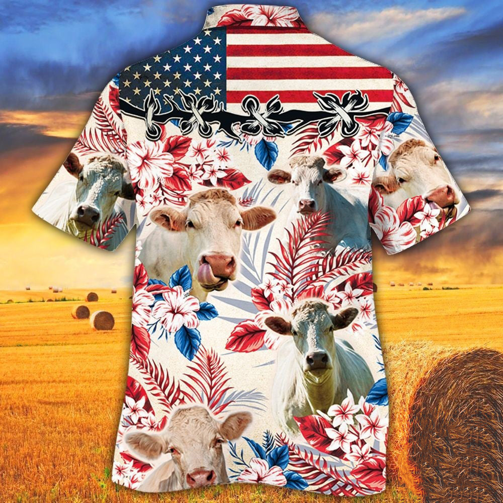 Charolais In American Flag Patterns Hawaiian Shirt