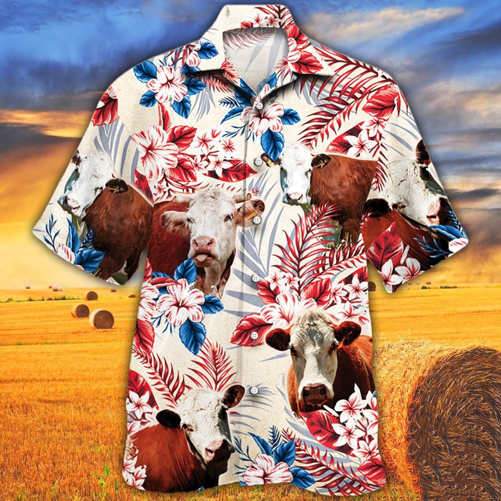 Hereford Cattle Texas Flag Hawaiian Shirt