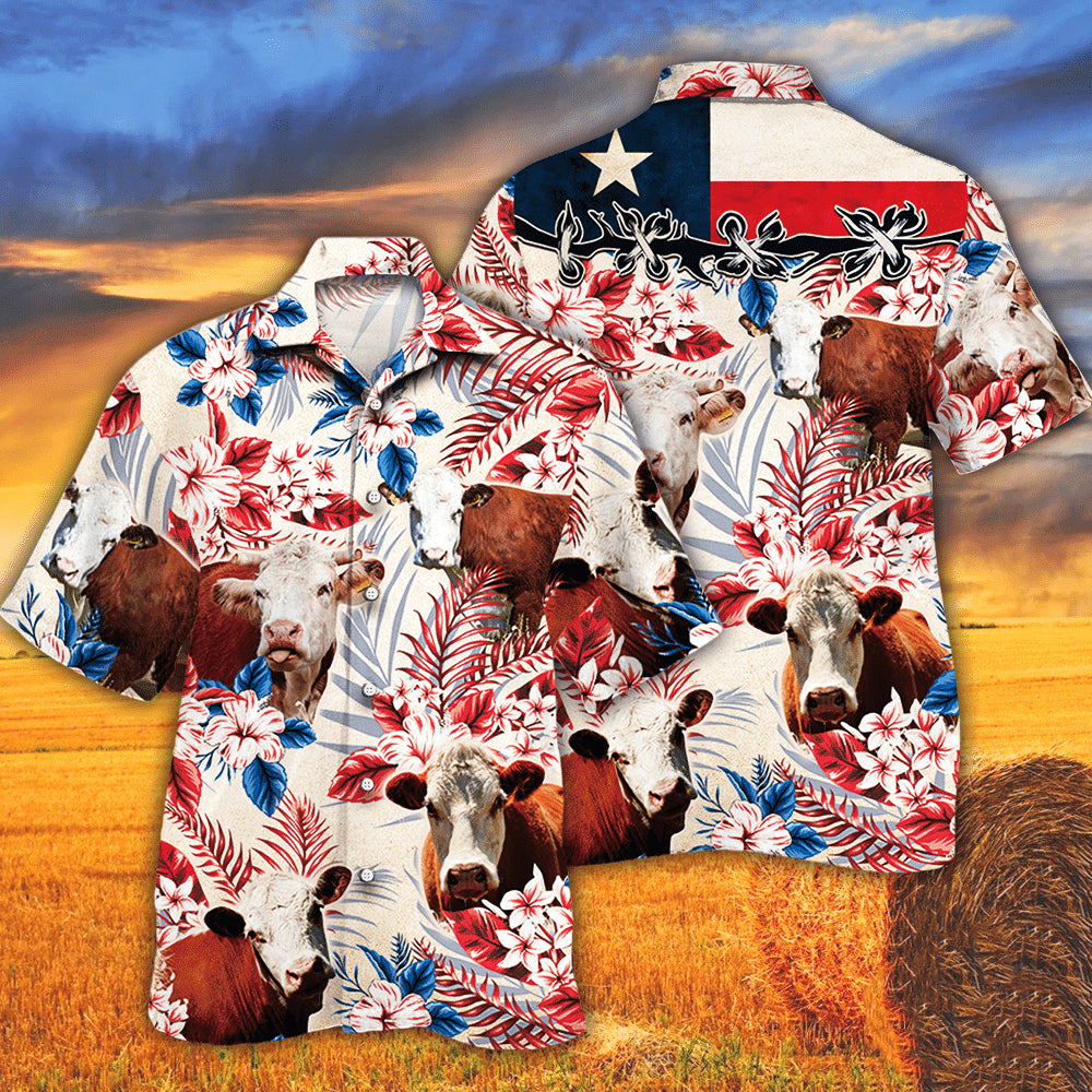 Hereford Cattle Texas Flag Hawaiian Shirt
