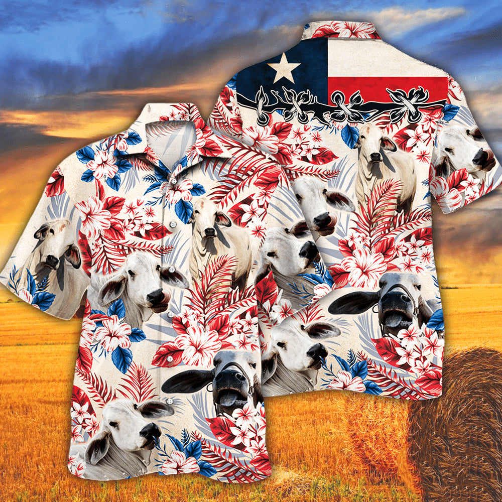 Brahman Cattle Texas Flag Hawaiian Shirt