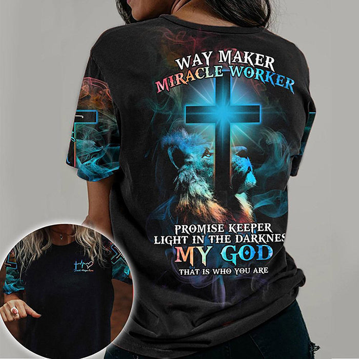 Lion Cross Light Way Maker Miracle Worker Faith Hope Love 3D All Over Print T Shirt