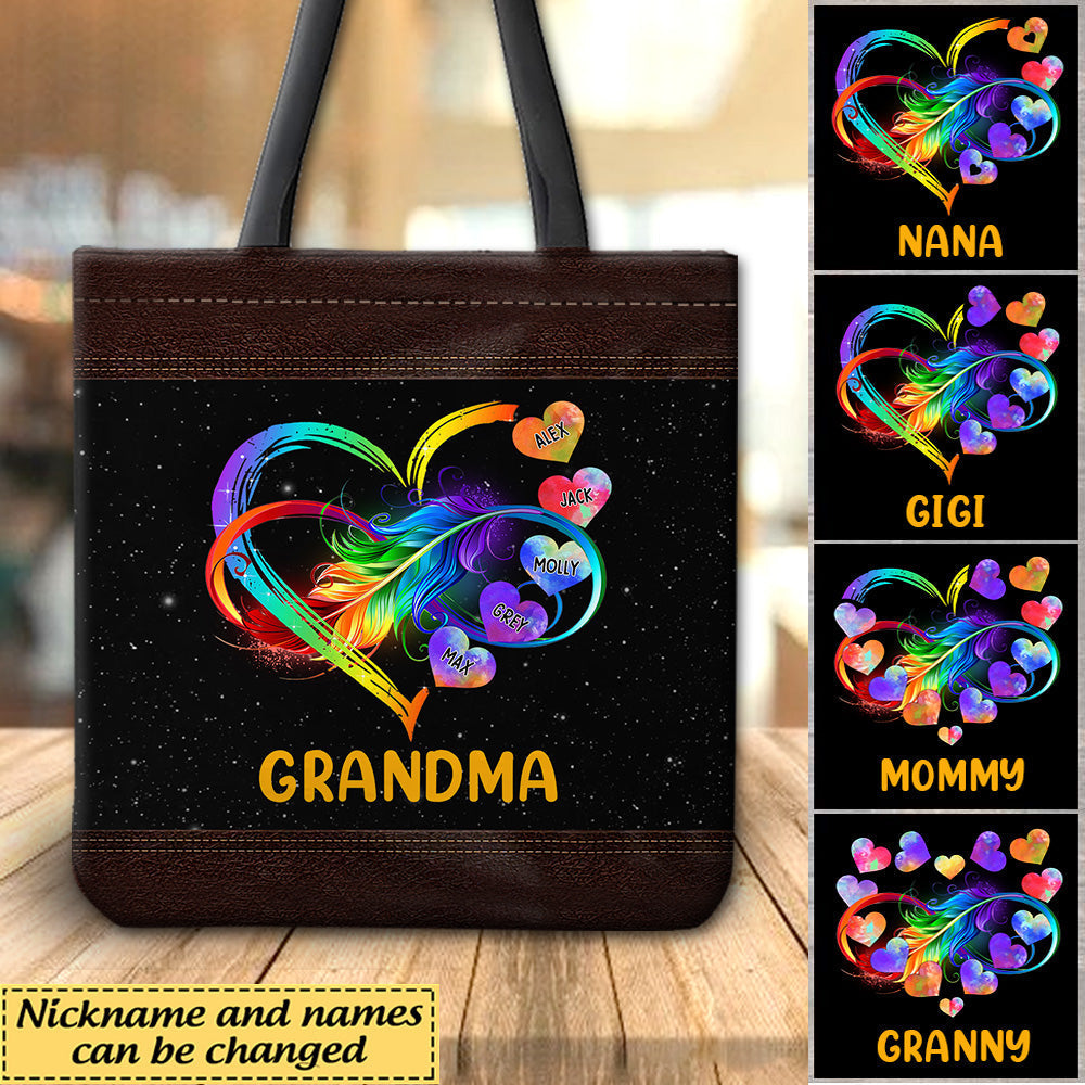 Grandma Grandkids Infinity Love Custom Nickname Names Family Mother's Gift Heart Rainbow Tote bag