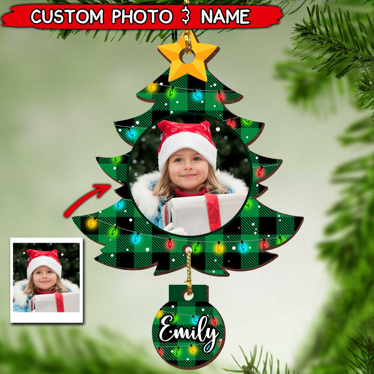 Sparkling Christmas Tree Custom Lovely Kid Photo Personalized Wooden Ornament