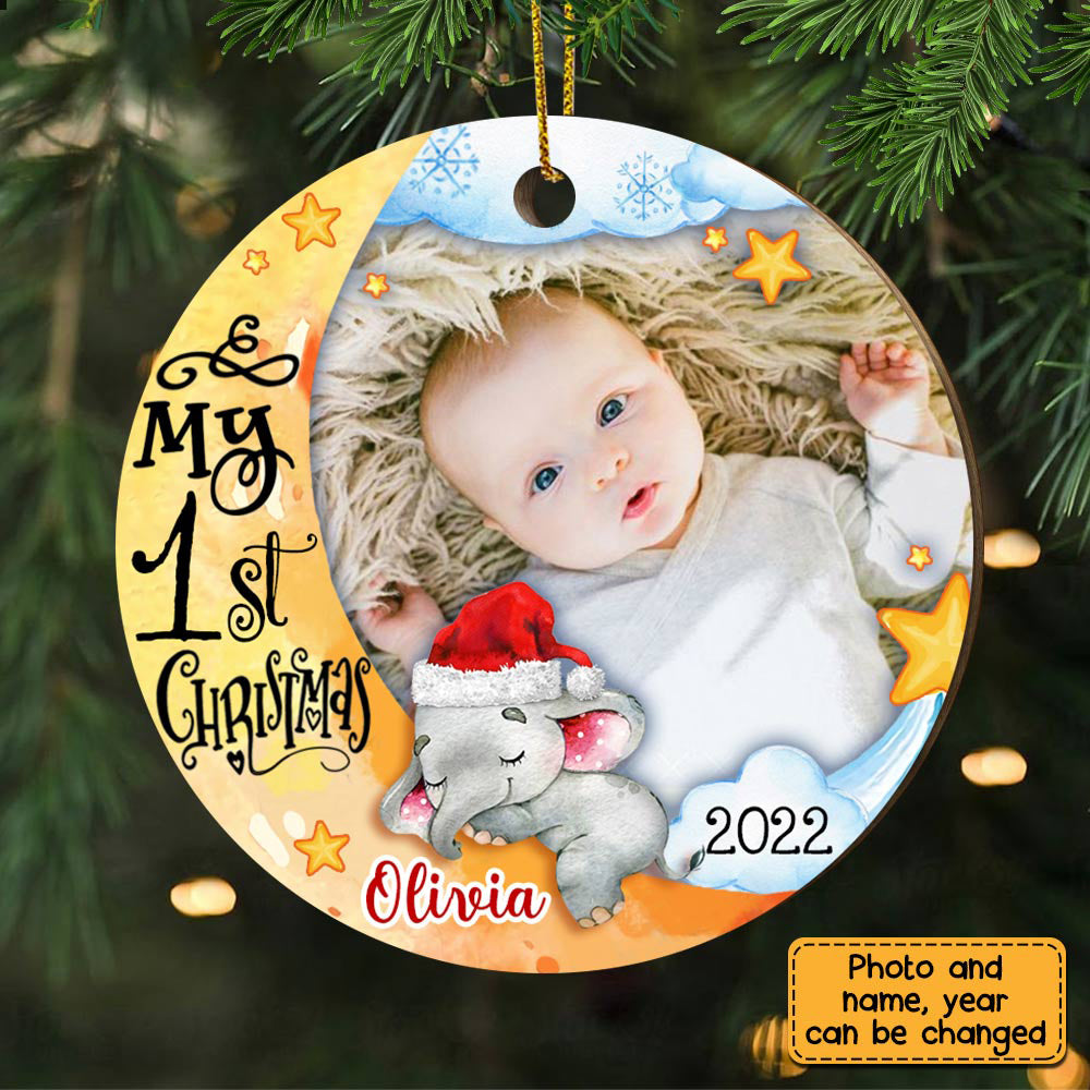 Baby's First Christmas Elephant Photo Ornament - Personalized Ceramic Ornament
