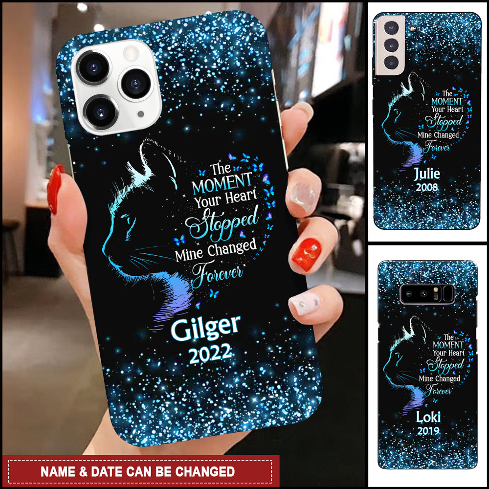 Memorial Gift For Cat Lover ,The Moment Your Heart Stopped Mine Changed Forever - Personalized Glass Phone Case