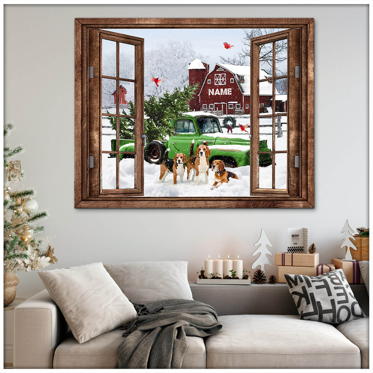 Personalized Pickup Truck Poster,Custom Dogs With Red Barn Christmas Poster