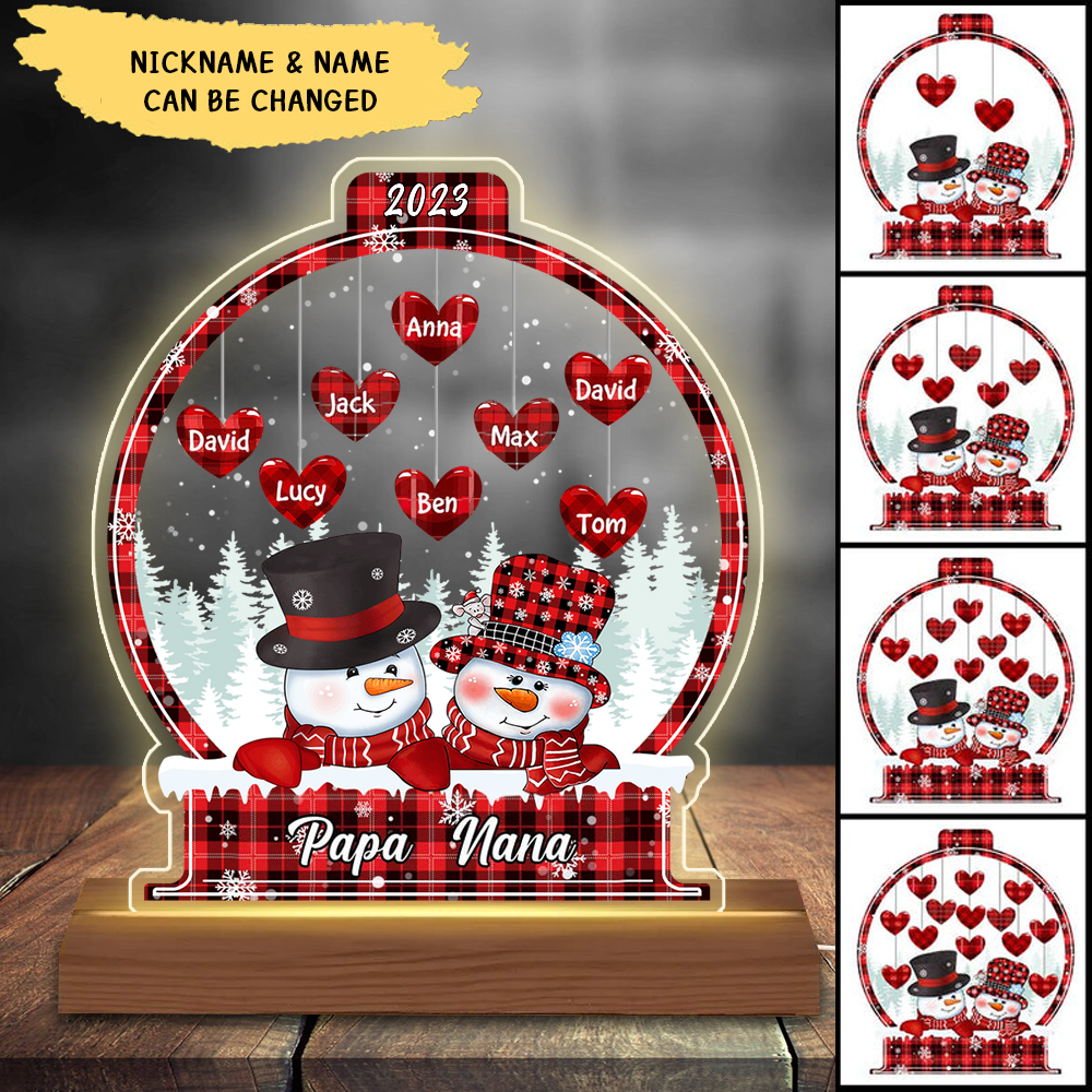 Christmas Snowman Heart Kids In Snowball- Personalized LED Lamp Night Light