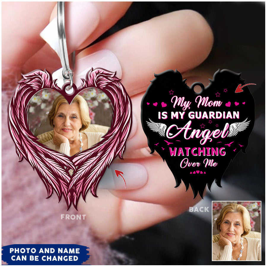 My Mom Dad... Is My Guardian Angel Watching Over Me Angel Wings Upload Photo Memorial 2-sided Wooden Keychain