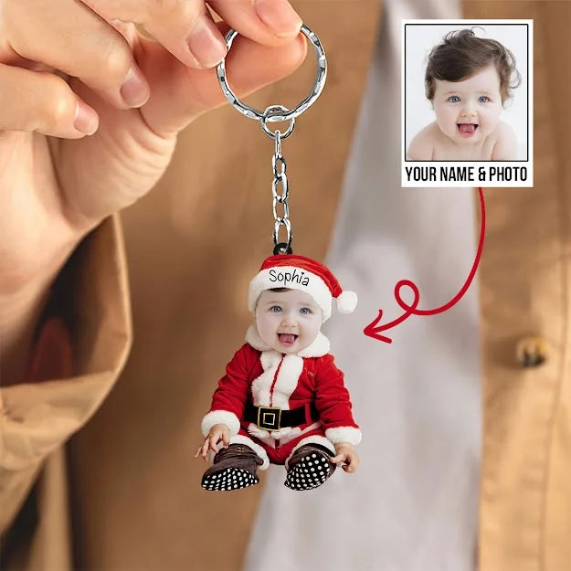 CUSTOM BABY CUTE PHOTO ON SANTA CLAUS CLOTHES KEYCHAIN