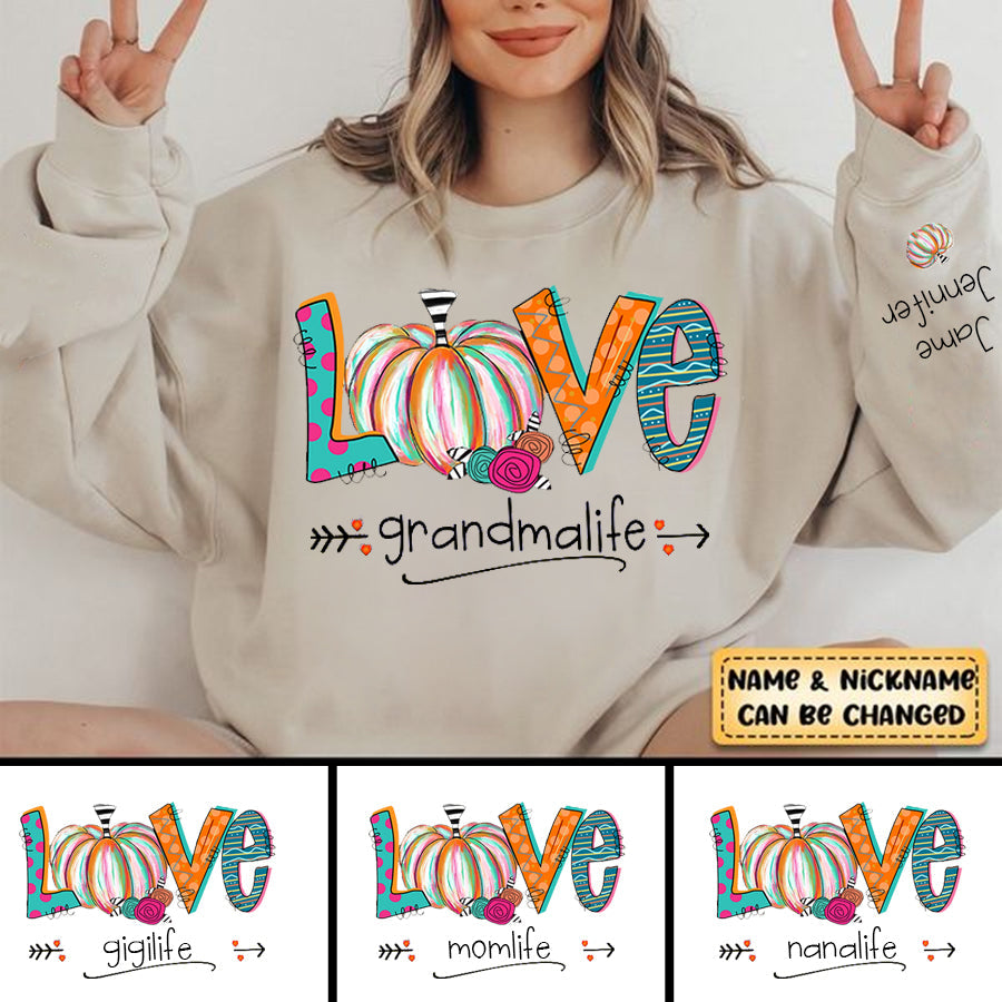 Love Grandma Life Pumpkins Grandkids Name Personalized Sweatshirt