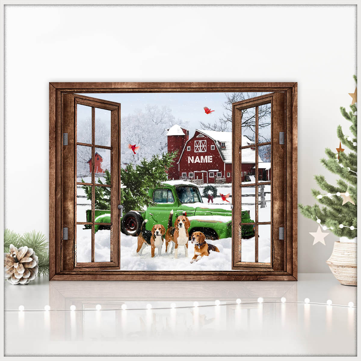 Personalized Pickup Truck Poster,Custom Dogs With Red Barn Christmas Poster