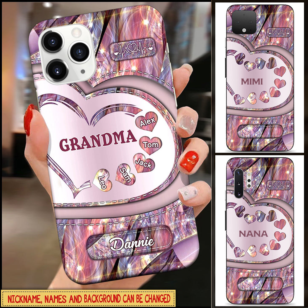 Sparkling Grandma- Mom With Sweet Heart Kids, Personalized Glass Phone Case