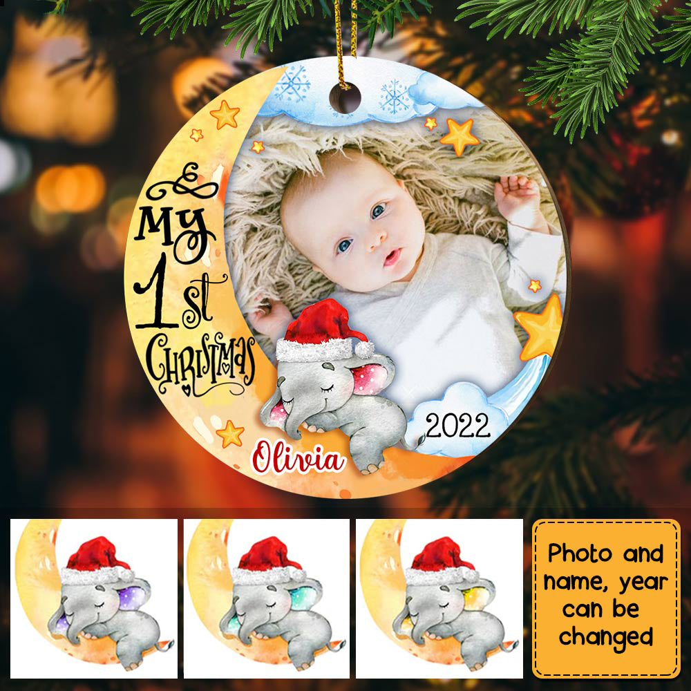 Baby's First Christmas Elephant Photo Ornament - Personalized Ceramic Ornament