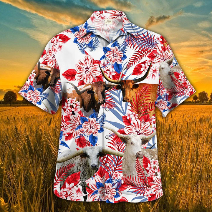 TX Longhorn Cattle Texas Flag Hawaiian Shirt