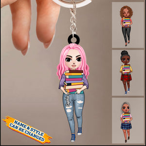 Personalized Book Girl Keychain - Gift For Book Lovers