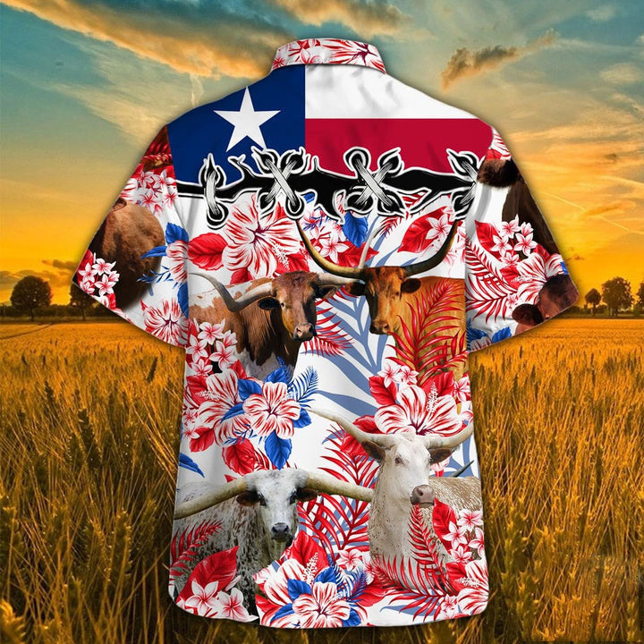 TX Longhorn Cattle Texas Flag Hawaiian Shirt