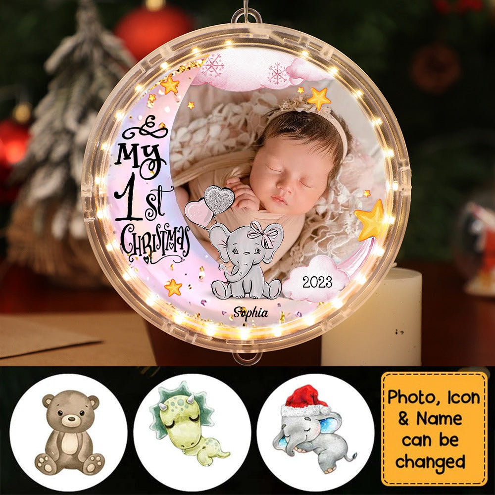 Baby's First Christmas Animal Upload Photo Circle Ornament（With Light)
