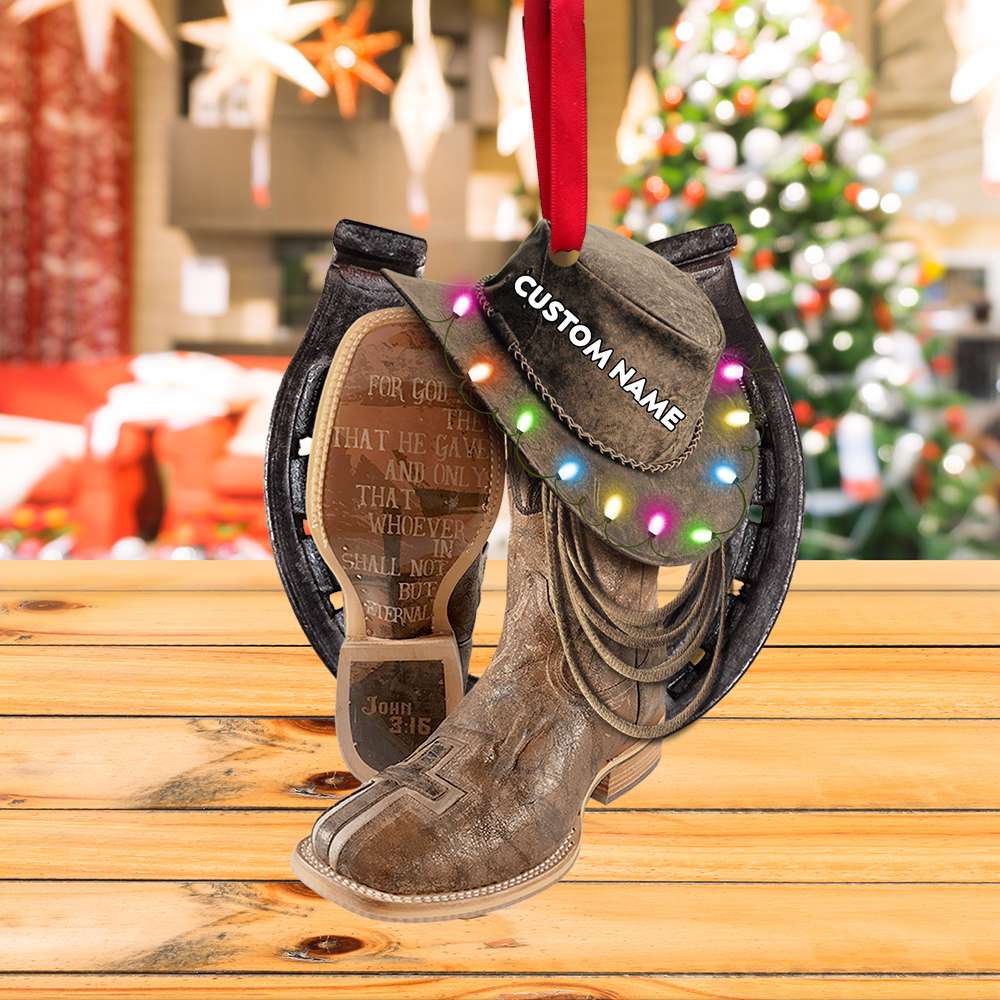 Cowboy For God - Personalized Christmas Ornament -Cowboy Boots Hat And Lasso