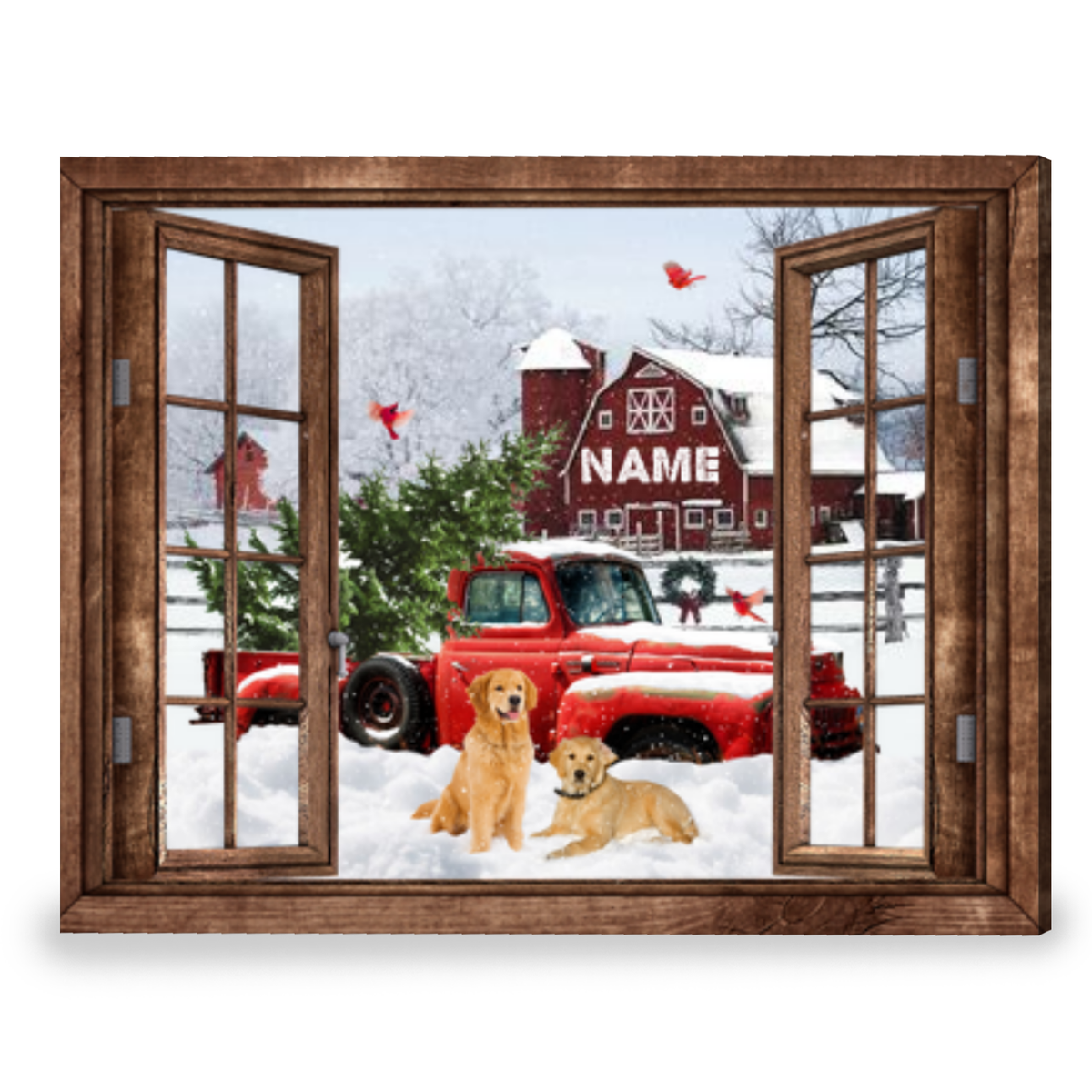 Personalized Pickup Truck Poster,Custom Dogs With Red Barn Christmas Poster