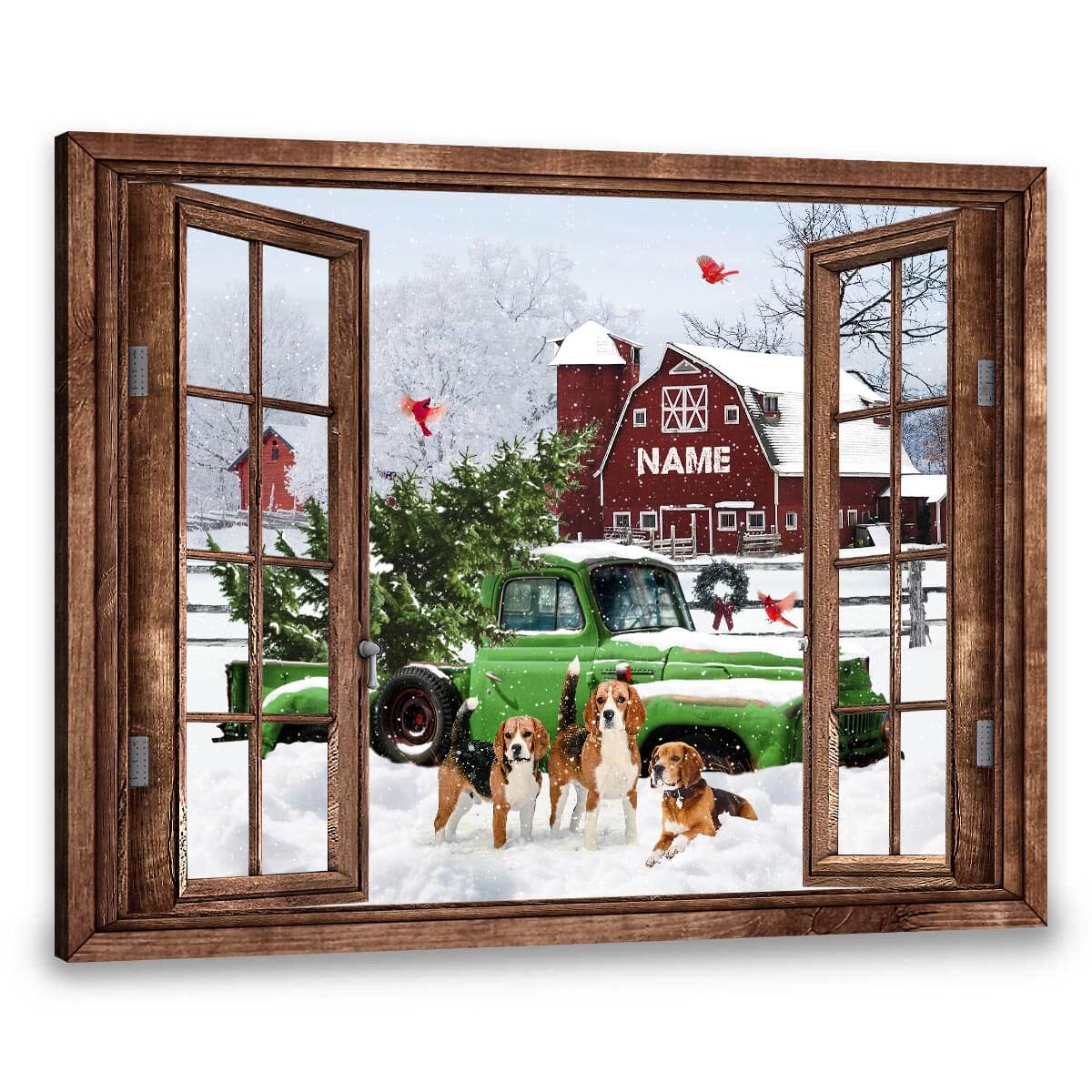 Personalized Pickup Truck Poster,Custom Dogs With Red Barn Christmas Poster