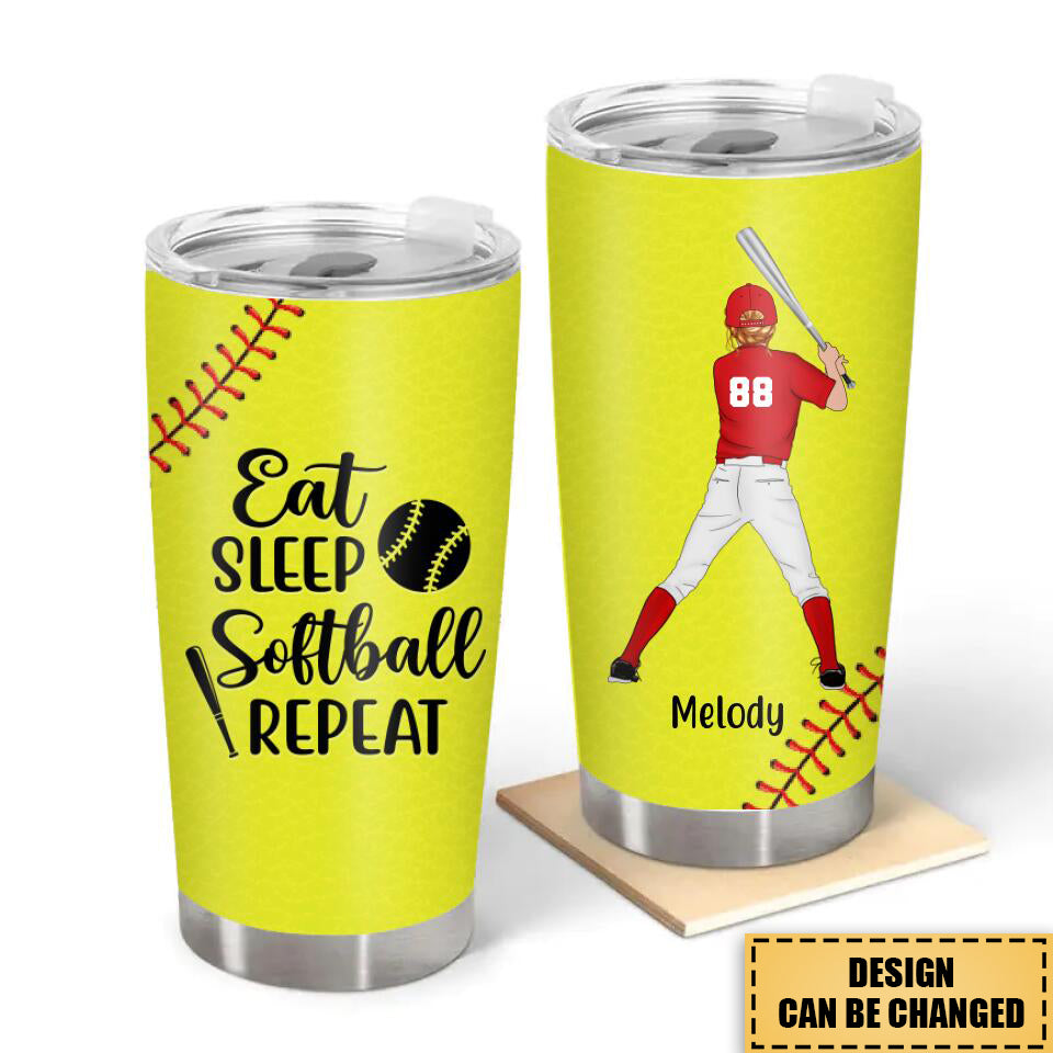Personalized Tumbler, Gift For Softball Fans, Eat Sleep Softball Repeat