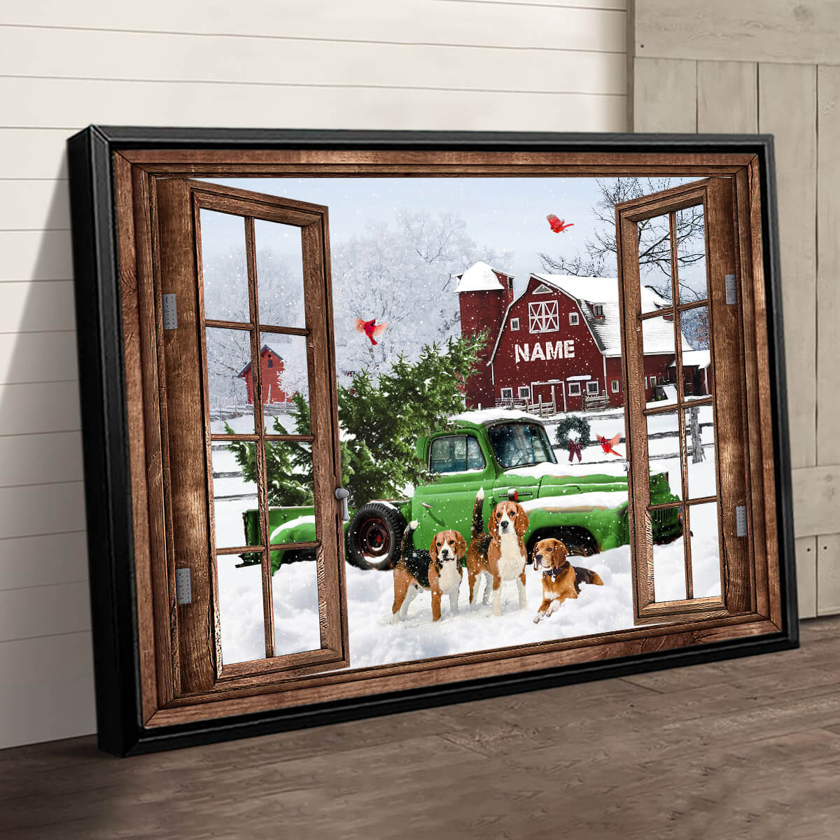 Personalized Pickup Truck Poster,Custom Dogs With Red Barn Christmas Poster