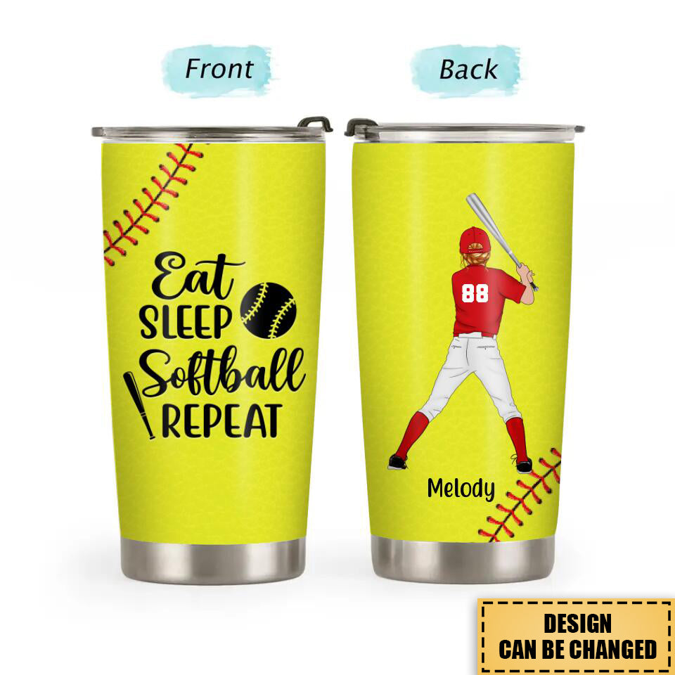 Personalized Tumbler, Gift For Softball Fans, Eat Sleep Softball Repeat