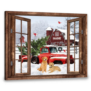 Personalized Pickup Truck Poster,Custom Dogs With Red Barn Christmas Poster