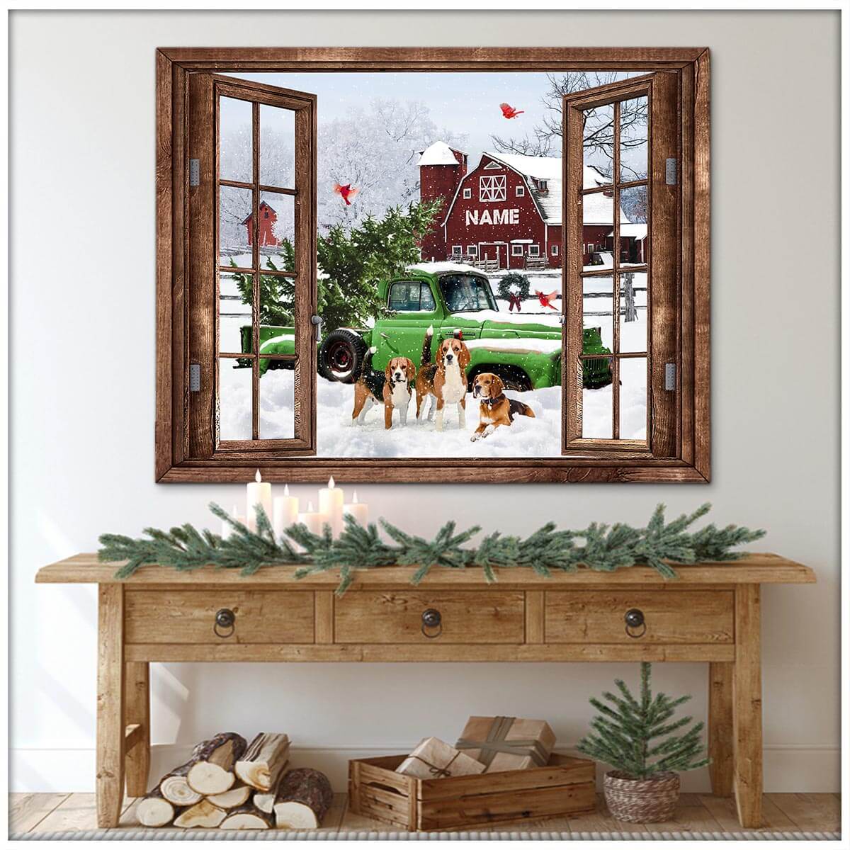Personalized Pickup Truck Poster,Custom Dogs With Red Barn Christmas Poster