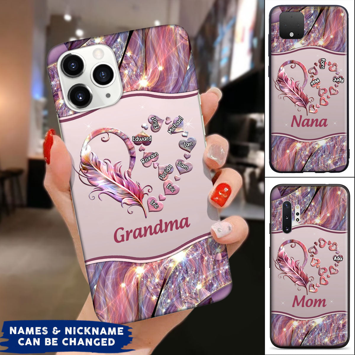 Personalized Grandma Mom Heart Feather Mothers Day Family Gift Glass Phone case