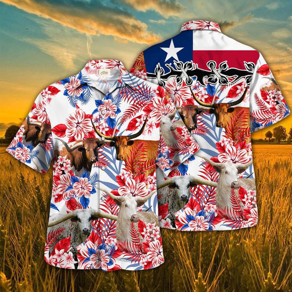 TX Longhorn Cattle Texas Flag Hawaiian Shirt