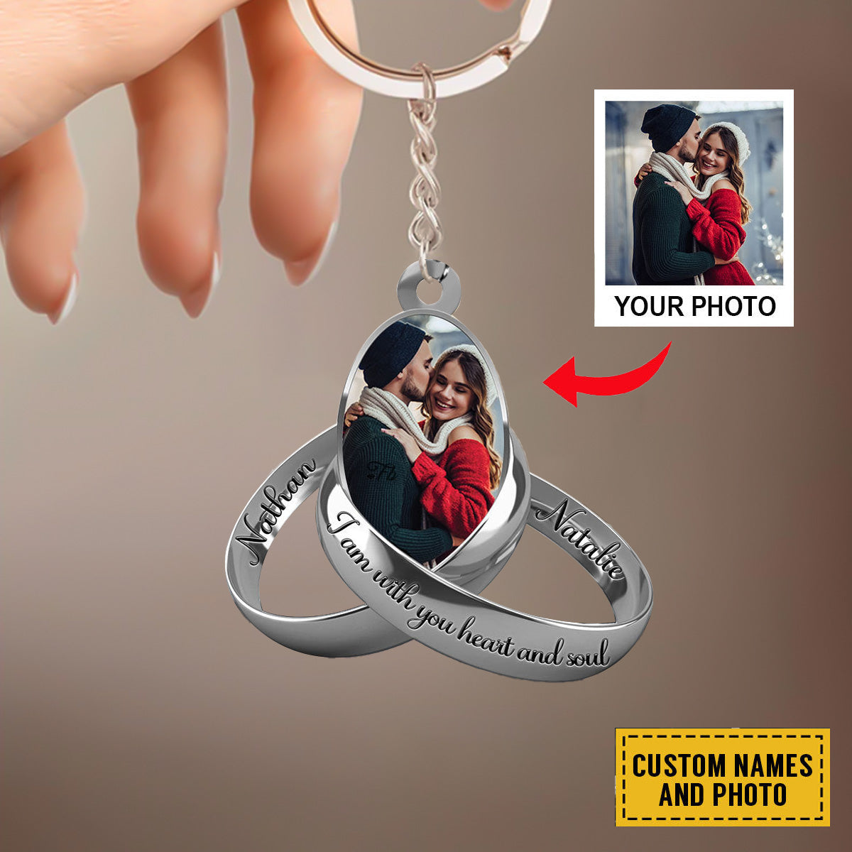 PERSONALIZED PHOTO COUPLE SILVER RINGS ACRYLIC KEYCHAIN