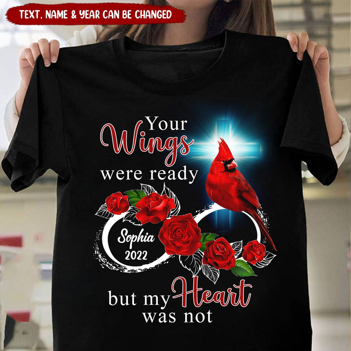Custom Name & Date Family Loss Cardinal Rose Infinite Love Memorial Gift Black T-shirt