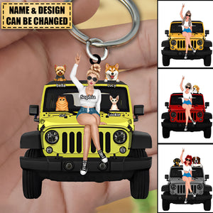 PERSONALIZED A GIRL WITH OFF-ROAD CAR AND DOG KEYCHAIN GIFT FOR JOURNEY GIRLS