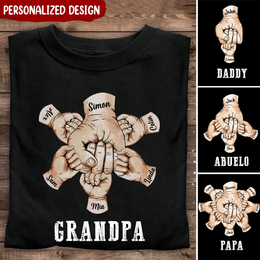 Grandpa, Papa, Daddy Hands Print Personalized Black T-shirt