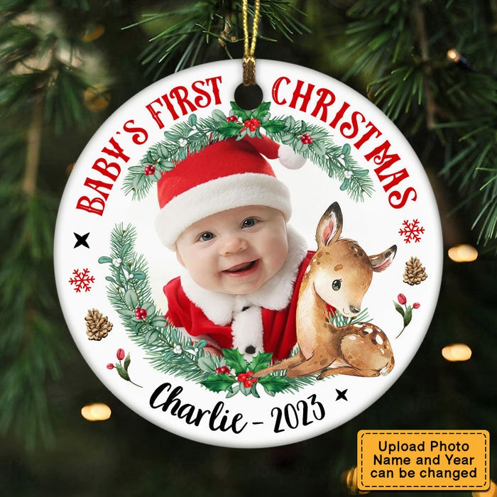 Photo Deer Baby's First Christmas Circle Ceramic Ornament