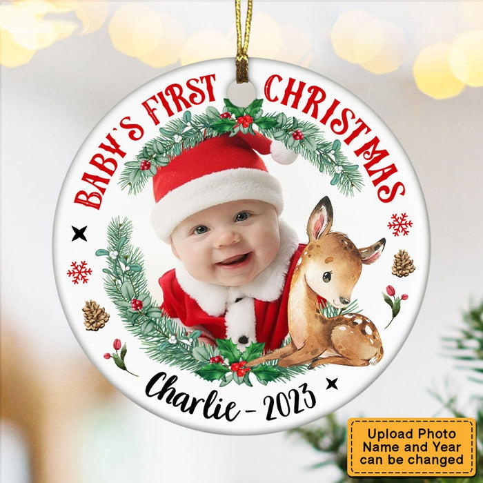 Photo Deer Baby's First Christmas Circle Ceramic Ornament