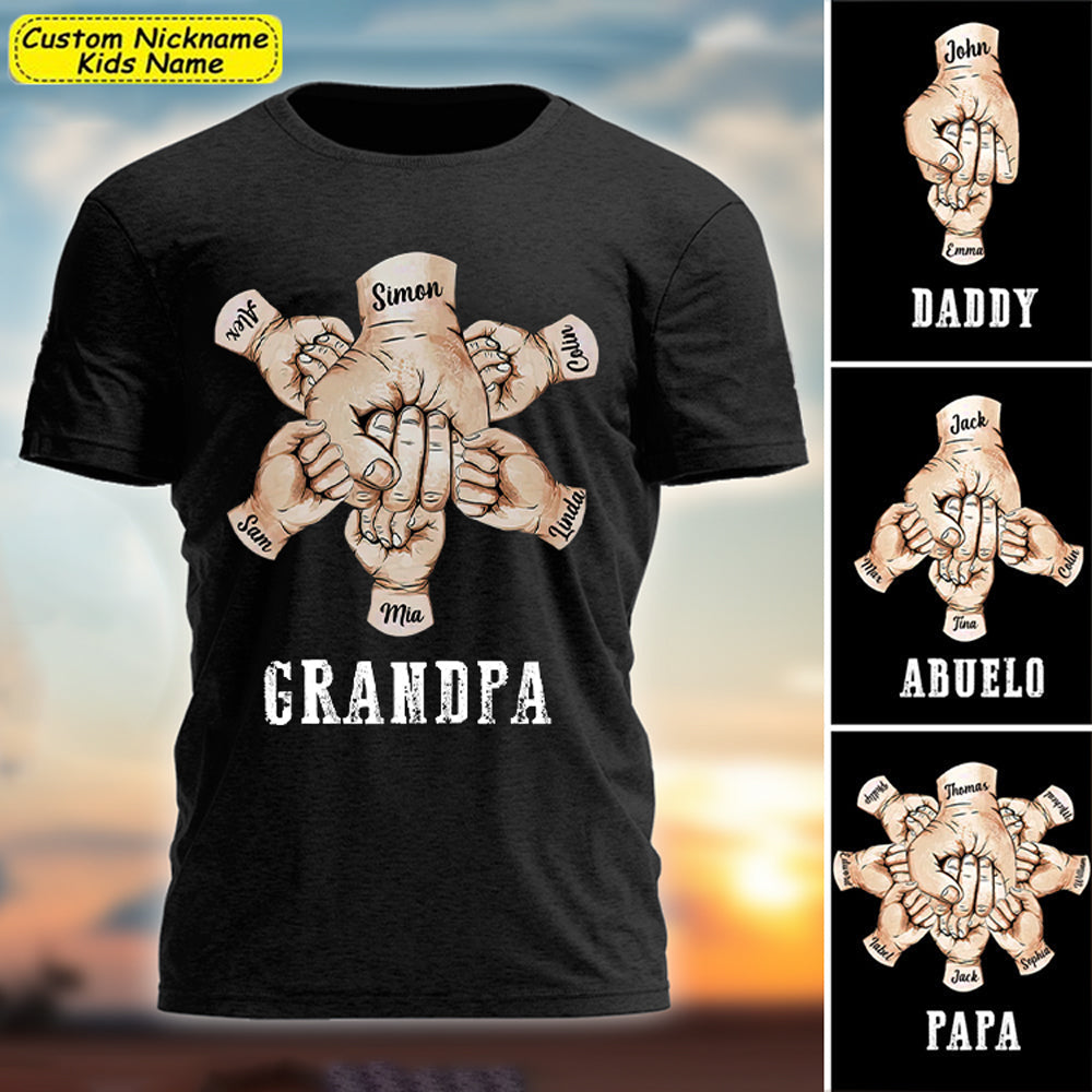 Grandpa, Papa, Daddy Hands Print Personalized Black T-shirt