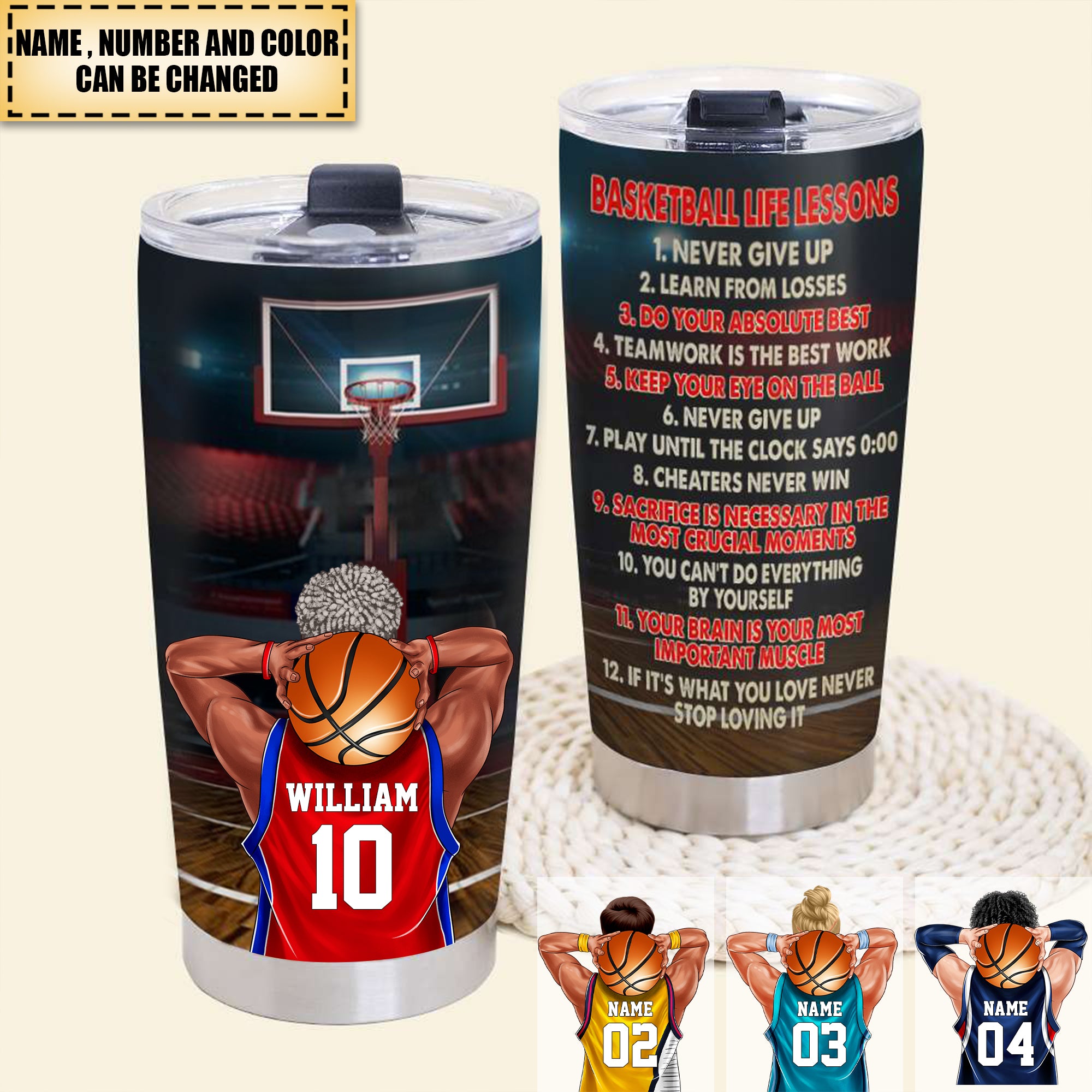 Personalized Basketball Player Tumbler - Life Lessons Never Give Up