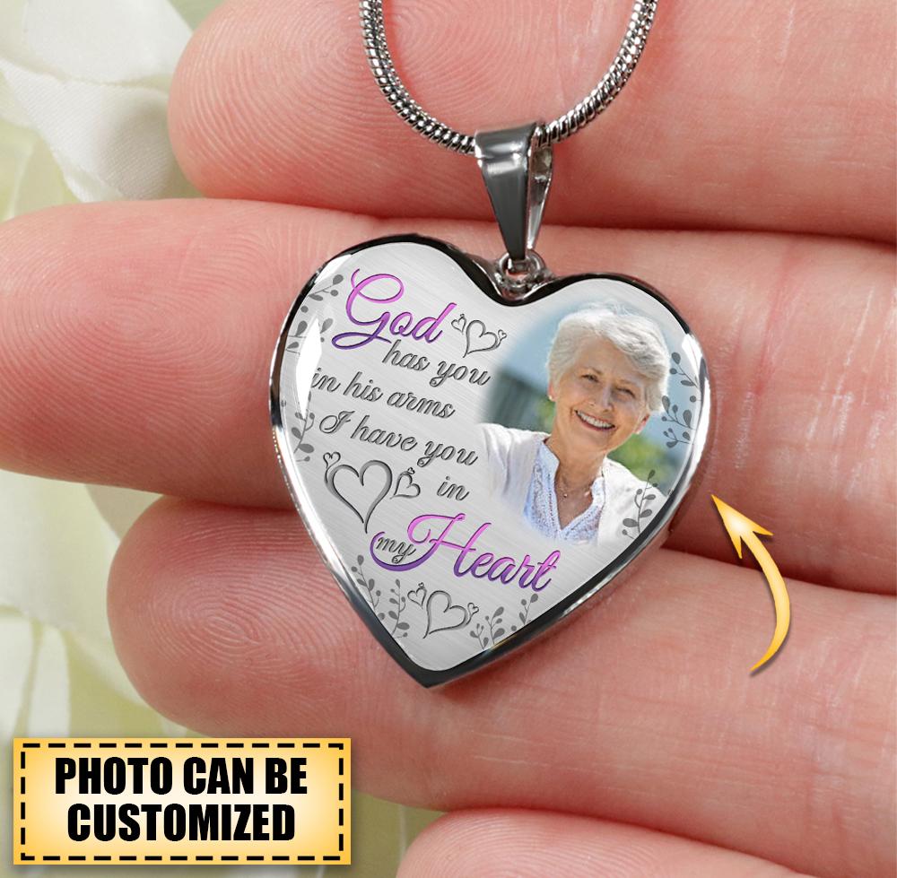 Personalized Memorial Heart Necklace God Has You In His Arms For Mom Dad Grandma Daughter Son Someone Custom Memorial Gift